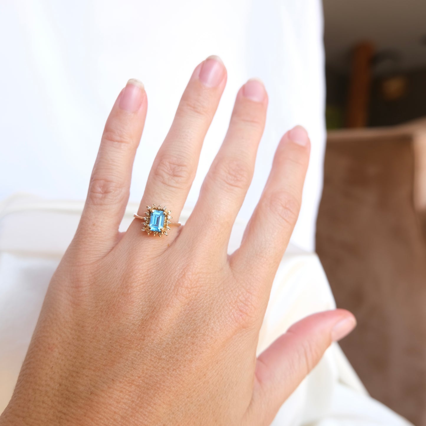 14k Blue Topaz & Diamond Halo Ring